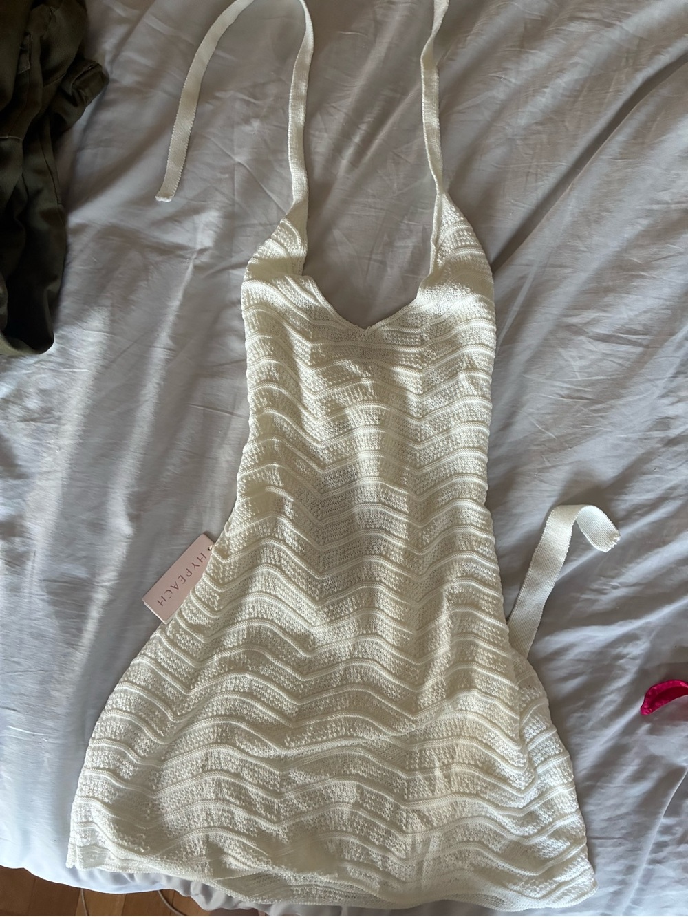 Hypeach Bachelorette Cream Isla Crochet Lace-Up Halter Mini Dress